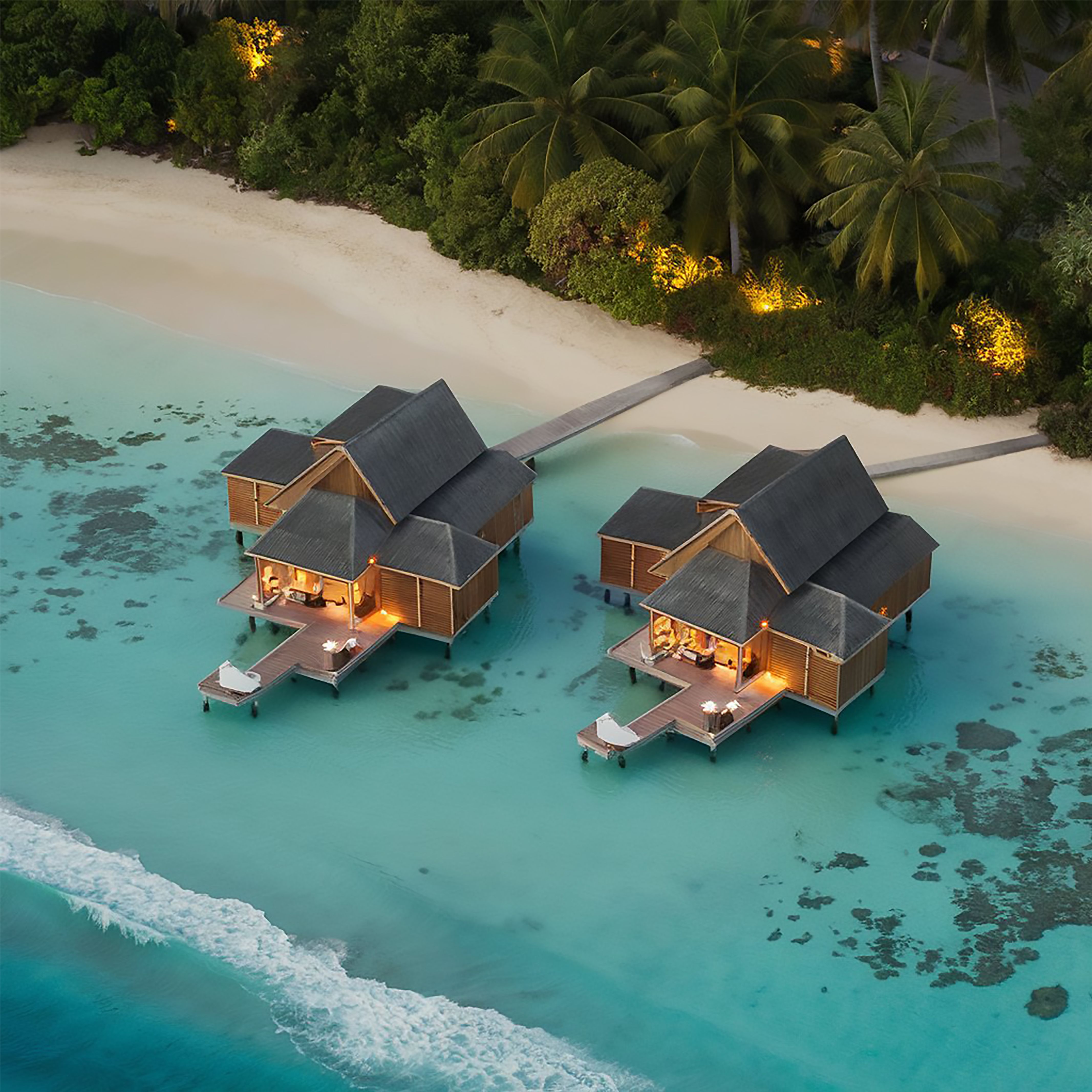 Rah Gili Maldives mit Strand, Lagune und Overwater-Villen aus der Luft